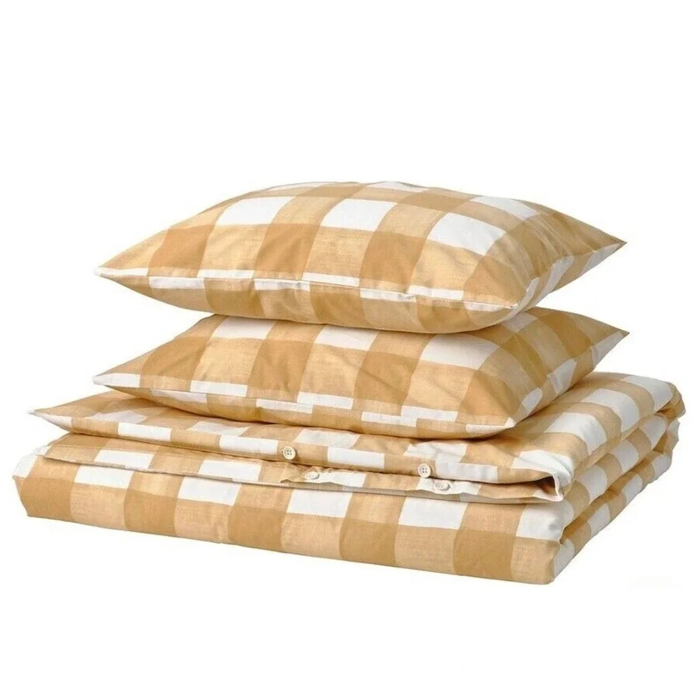 IKEA Kantnepeta Duvet Set King Size Yellow White Gingham Check Cotton Blend